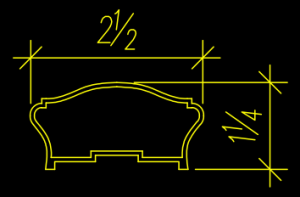 Technical drawing of a sofa silhouette with specs: width 2.5 units, height 1.25 units, outlined in