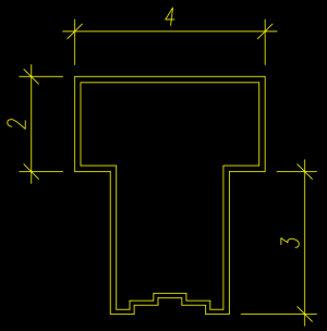 A sleek technical drawing in yellow on a black background showcases a T-shaped object, with specs