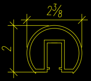A technical drawing showcasing a semicircular object with a 2⅜ diameter and 2 height, accompanied by
