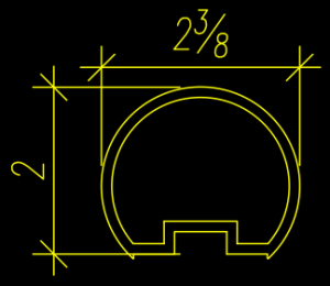 A technical drawing of a semicircular shape with a notched base features specs like dimensions