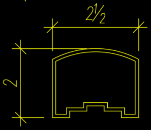 Technical drawing of a cross-section with specs: 2 inches in height and 2.5 inches in width