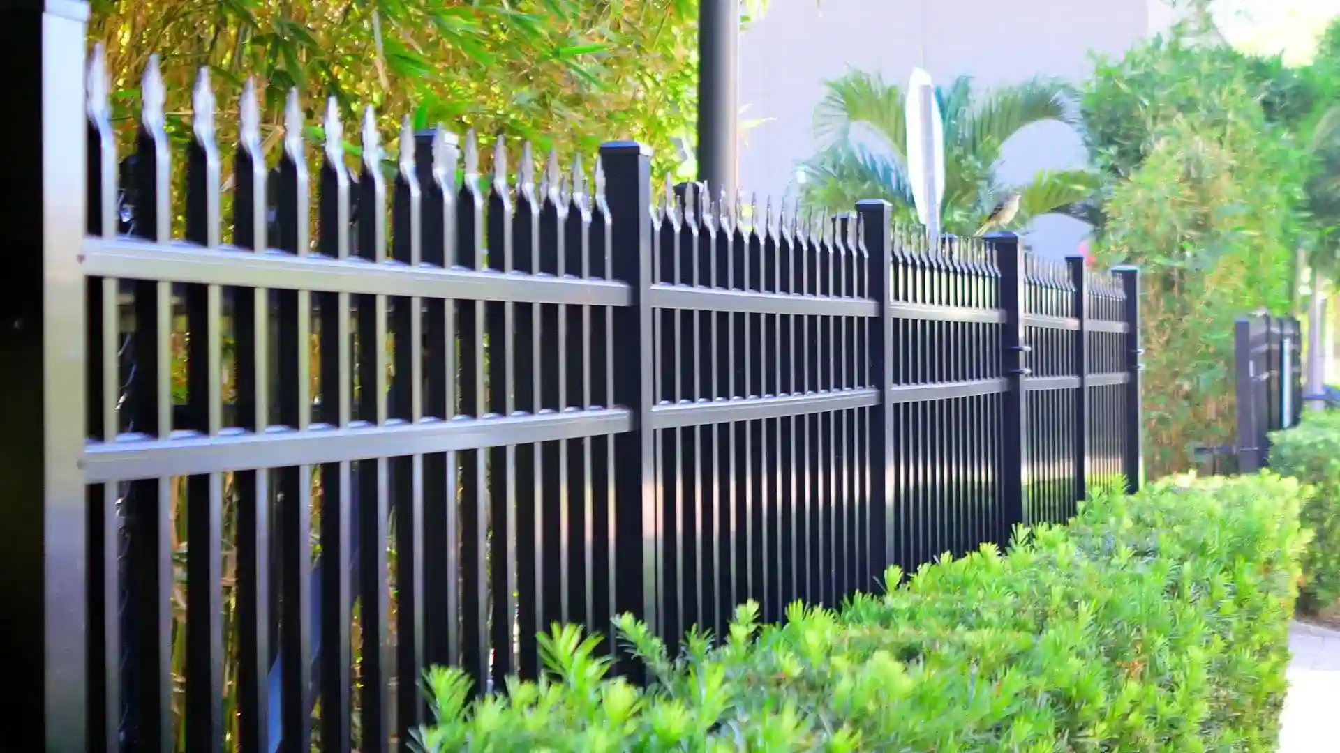 Black metal fence with pointed tops stands beside green bushes and trees on a sunny day, with a