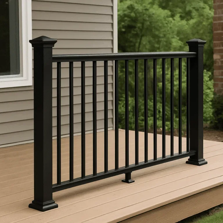 Customized black metal railings are installed on a wooden deck outside a house in Langley, featuring
