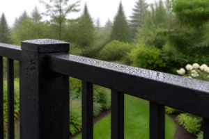 Close-up of a wet black powder-coated aluminum railing on a deck overlooking a green garden with