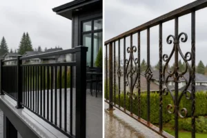 Side-by-side comparison of a modern black aluminum railing on the left and a rusted decorative