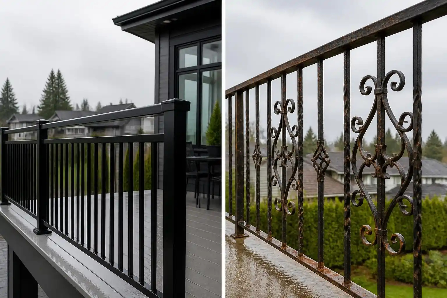 Side-by-side comparison of a modern black aluminum railing on the left and a rusted decorative